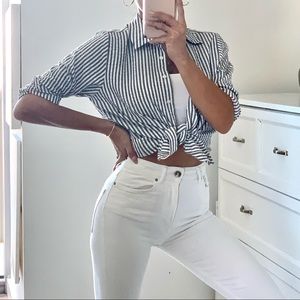 ZARA Gray & White Stripe Button Shirt Top Textured Blouse XS